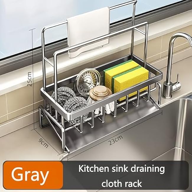 Sponge Holder for Kitchen Sink, Sink Caddy with Towel Rack, Sponge Holder and Soap Dispenser Stand, Kitchen Countertop Accessories (Gray)