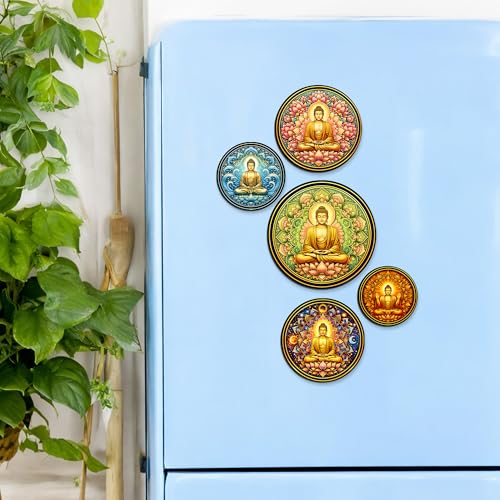 Image of Regalo Casila Buddha Mandala Art Fridge Magnets Set of 5 Wooden Refrigerator Magnets Spiritual Decorative Kitchen Magnets Souvenir Gift Strong Magnetic Home Decor