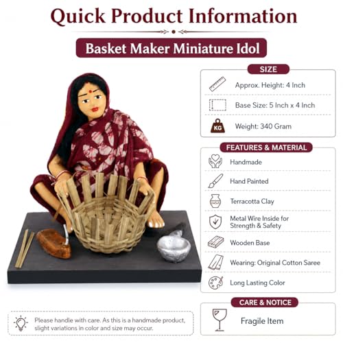Image of Krishnanagar Handmade Clay Woman Basket Maker Miniature Idol | Basic Terracotta Sitting Human Figurine | Traditional Indian Home Decor & Gift Showpiece