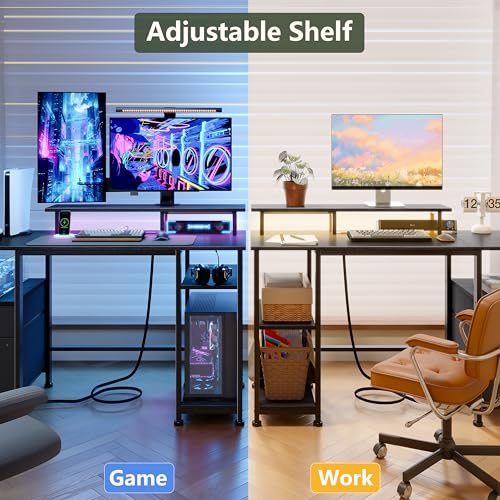 Image of Furologee 61 inch Gaming Desk with Power Outlets & LED Lights, Reversible Computer Desk with File Cabinet & Monitor Stand for Home Office, Large Work Table with Storage Shelves & Drawer, Black