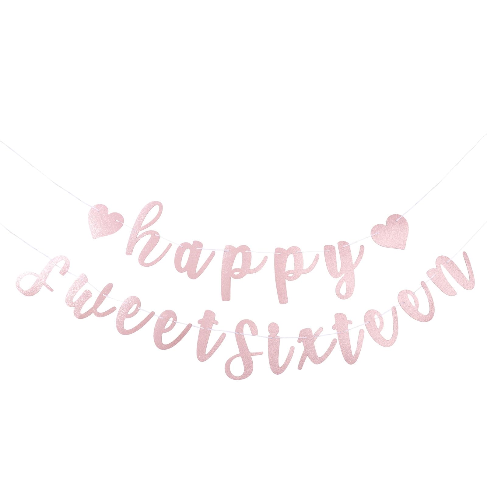 Happy Sweet Sixteen Banner, Pre-Strung Glitter Sweet 16 Party Decorations,16th Party Sign for 16th Birthday Decorations (Rose Gold)