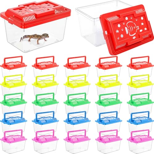 Image of LemonRoad 25 Pcs Plastic Reptile Terrariums Carrier Cage Enclosure Snake Breeding Box Hatching Container Fish Tank with Ventilated Lid for Tarantula Spider Turtle Lizard (Cute,5.1x3.5x3.5 Inch)