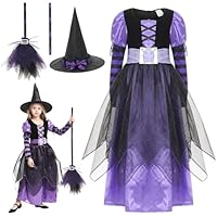 GEMVIE Girls Halloween Witch Costumes Fancy Dress Party Witch Princess Dress with Witch Hat Carnival Cosplay Costume with Broom