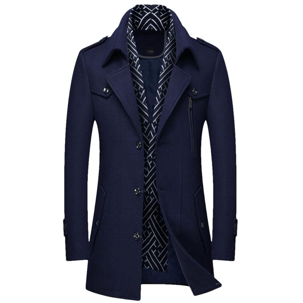 Bollrllr Thickened Warm Windbreaker Mens Woolen Coat Scarf Collar Mid-Length Warm Jacket