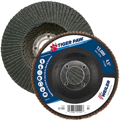 Image of Weiler 51109 Tiger Paw High Performance Abrasive Flap Disc, Type 27 Flat Style, Phenolic Backing, Zirconia Alumina, 4-1 /2 inch Diameter, 7 /8 inch Arbor, 60 Grit, 13000 RPM (Pack of 10)