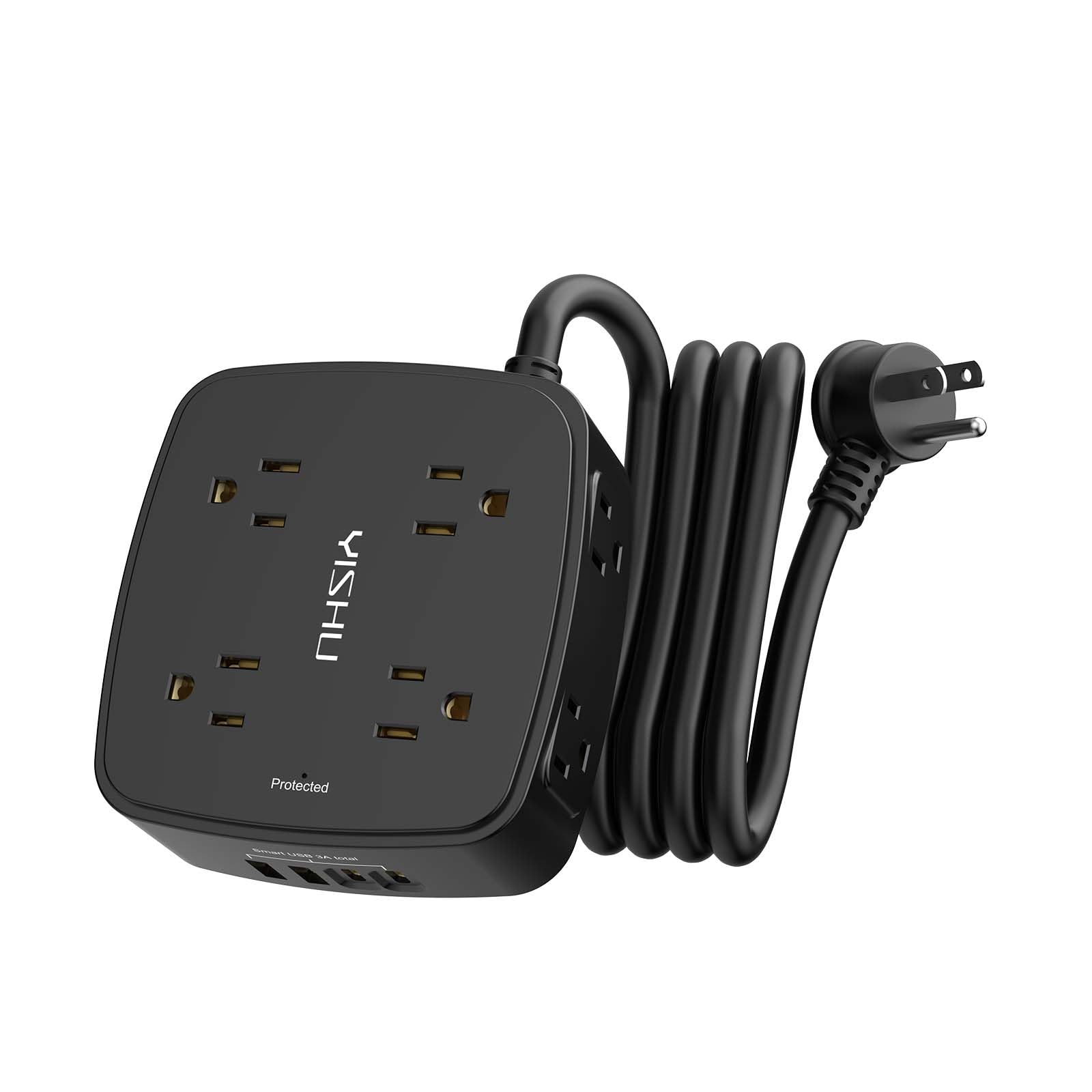 6 Ft Surge Protector Power Strip - 8 Widely Outlets with 4 USB Ports, 3 Side Outlet Extender with 6 Feet Extension Cord, Flat Plug, Wall Mount, Desk USB Charging Station, ETL,Black 6 Ft Black
