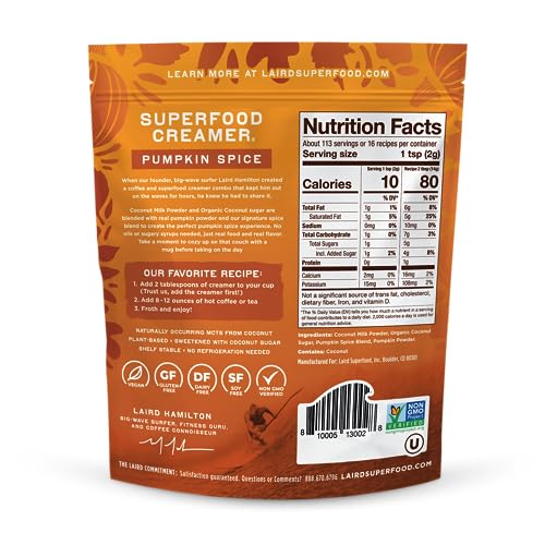 Image of Laird Superfood Non-Dairy Original Superfood Pumpkin Spice with Real Pumpkin and Spices, Coconut Powder Coffee Creamer, Gluten Free, Non-GMO, Vegan, 8 oz. Bag, Pack of 1