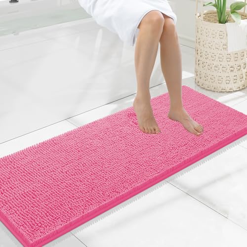 Smiry Luxury Chenille Bathroom Rugs 47x17, Extra Soft and Absorbent Shaggy Bath Mat, Machine Washable, Non-Slip Plush Carpet Runner for Tub, Shower, and Floor, Home Decor Accessories, Hot Pink