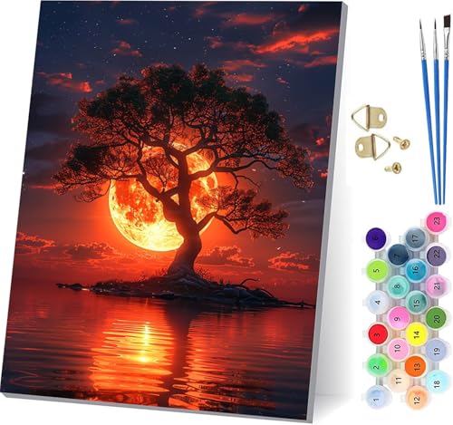 日没 数字油絵 DIY Paint by Numbers for Adults 木 手作りキット子供初心者 塗り絵 数字 キット ブラシとアクリル絵の具が入 ペイントバイナンバー 大人のクラフトアクティビテ ホーム オフィス装飾 女性へのギフト 40x50