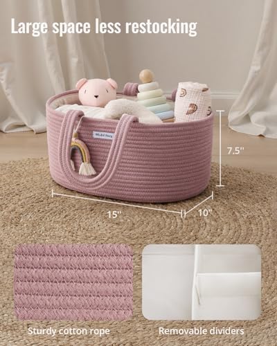 Image of Blissful Diary Baby Diaper Caddy Organizer, Cotton Rope Diaper Caddy Basket, Oval Storage Basket, Gift for Baby Shower, Newborn Essentials, Pink