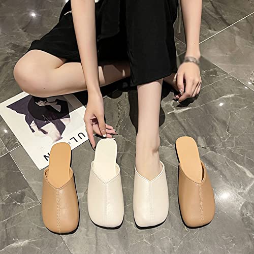 Slippers Women Women Summer New Elegant Square Closed Toe Flat Slippers Female Shoes Casual Leather White Slides2