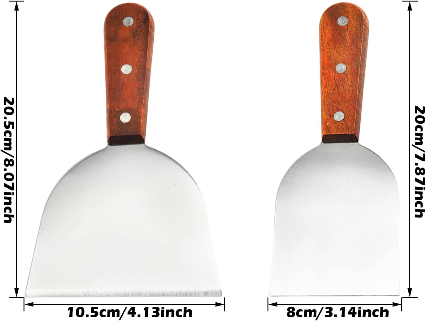 Set di 2 spatole per hamburger, in acciaio inox, spatola con manici in legno, spatola plancha, raschietto professionale, spatola per barbecue teppanyaki, bistecche, pizza