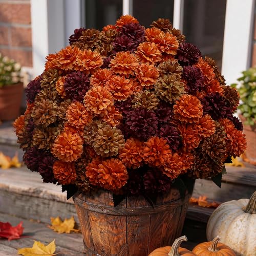 HIFORESTAR 12 Bundles Artificial Fall Mums Outdoor Flowers UV Resistant Faux Autumn Daisy Plants Fake Orange Chrysanthemum Bush for Front Porch Window Box Patio Planter Home & Garden (Mix Color)