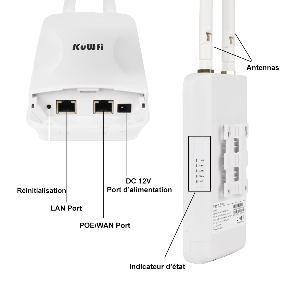 KuWFi Répéteur WiFi Extérieur AC1200 Double Bande, Point d'Accès PoE | Accès Internet 300 Mbps avec emplacement SIM, PoE 48 V, WAN/LAN pour CCTV, Starlink, jardin, usine et entrepôt