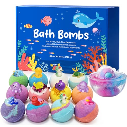 Bath Bombs for Kids 12 Pack Bath Bombs with Toys Inside Handmade Fizzy Bubble Bath Bombs Birthday Christmas Easter Gift for Girls and Boys