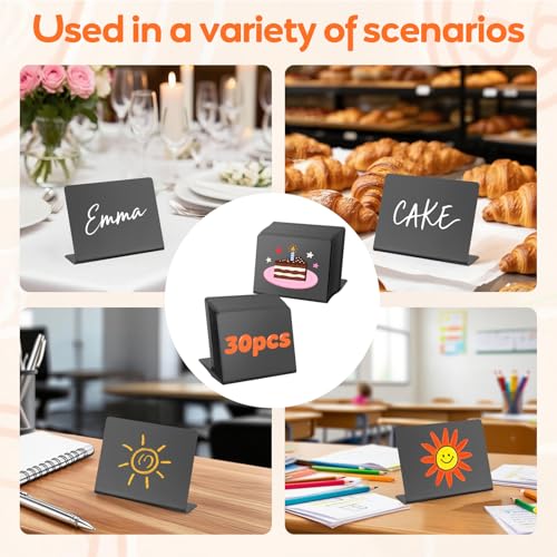 Kievano 30 Stück Mini Kreidetafeln – L-förmige Preisschilder Aufsteller 100x75mm, Wiederverwendbare Tafeln mit 7 Buntkreidestiften & 2 Reinigungstüchern für Buffet, Tischkarten, Hochzeit & Veranstaltu