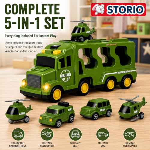 Image of Storio 5 in 1 Military Army Truck Toy for Kids 3-5 Years Boys | Transport Carrier Vehicle Set with Tank Helicopter Combat Cars | Friction Powered Light Sound Toys for 3 4 5 6 7 Years Old