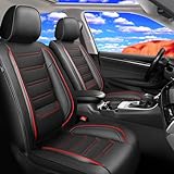 FiveFox Fit Rogue Car Seat Covers for Select Nissan Rogue/Hybrid/Select/Sport 2010-2025 - Full Coverage Leather, Waterproof & All Weather Seat Cushion Protector, Full Set, Black with Red Trim