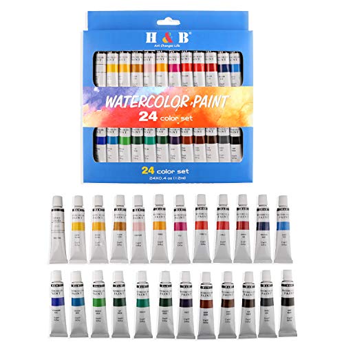 H & B 24 Colors Watercolor Paint Set, Aluminum Tubes 12ml,Professional Art Painting Watercolor Paint, Non Toxic & Safe, Premium Quality Painting Kit Perfect Gift for Artists, Students, Beginners, Kids
