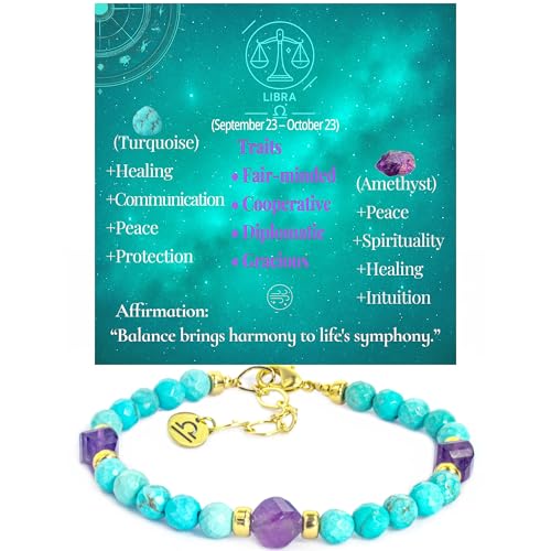 Ayriwoyi Libra Zodiac Bracelet for Women Blue Turquoise Amethyst Crystal Healing Stone Bracelet with Gold Horoscope Spiritual Bracelet Astrology Jewelry Gift for Women