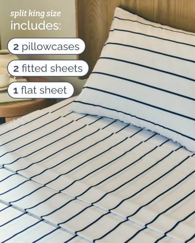Image of Split King 5 Piece Striped Sheet Set - Breathable & Cooling - Navy Stripe