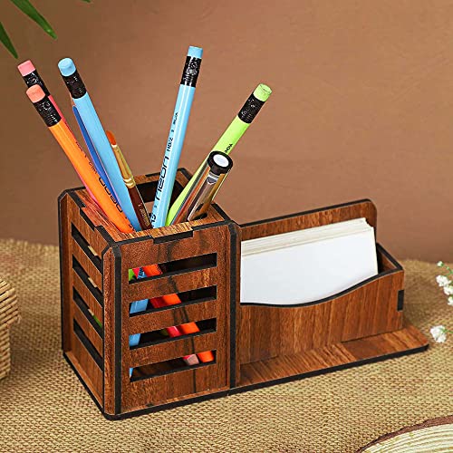 Image of Deskart Stylish Pen Stand with Business Visiting Card Holder | Multipurpose Wooden Desk Organizer for Office Desk and Study Table