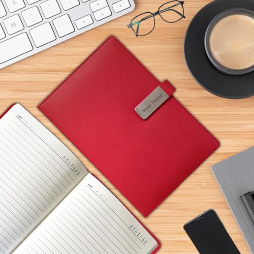 Image of Giftana Personalized Diary with Name, Customized Leather Diary with Magnetic Overlap Lock,192 Pages, Personalised A5 Notebook Diary for Writing, Office Use, New Year Corporate Gifts for Employee (Red)