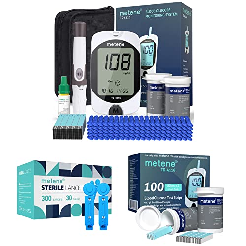 Metene TD-4116 Blood Glucose Monitor Kit，200 Glucometer Strips, 400 Lancets, 1 Blood Sugar Monitor,1 Lancing Device, Diabetes Testing Kit, Coding-free Meter, Large Display