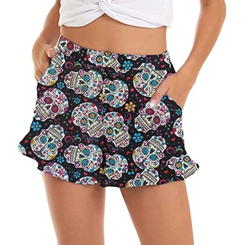 Halloween Women's Sugar Skull Ruffle Hem Drawstring Board Shorts with Pockets, Floral Skull, Medium Cover