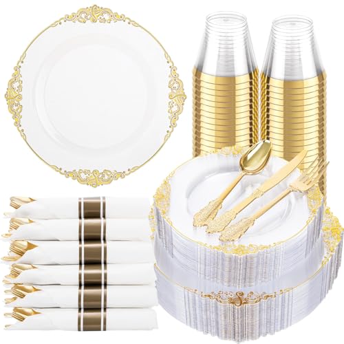 Hioasis 175pcs Clear and Gold Plastic Plates - Elegant Disposable Dinnerware Set Suitable for 25 Guests Include 10.25 Hioasis 175pcs Clear and Gold Plastic Plates - Elegant Disposable Dinnerware Set Suitable for 25 Guests Include 10.25