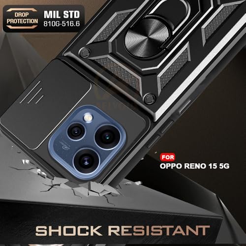 Image of Armor Bumper Back Cover Case for Oppo Reno 15 5G Rotating Camera Cover, Ring Holder & Kickstand | Heavy Duty & 360 Degree Protection Oppo Reno 15 5G Back Cover (Black)