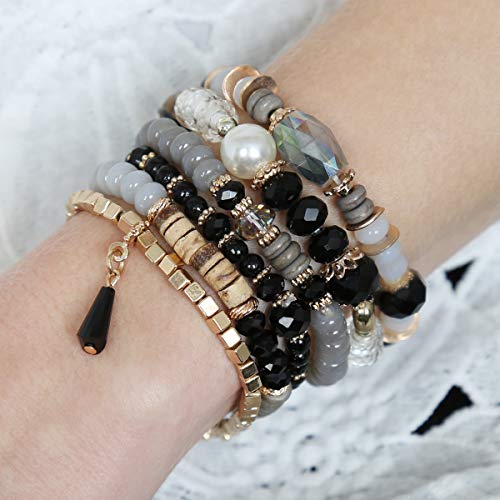 RIAH FASHION Bead Multi Layer Versatile Statement Bracelets - Stackable Beaded Strand Stretch Bangles Sparkly Crystal Mix, Tassel Charm3