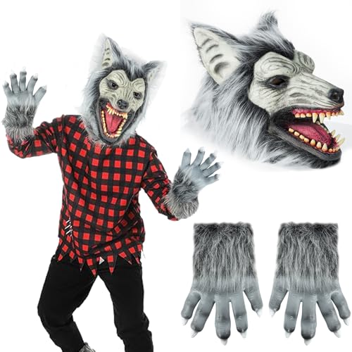 SUNREEK Halloween Horror Wolf Mask with Claws, Party Cosplay Costume Werewolf Mask, Scary Wolf Head Mask for Halloween Costumes