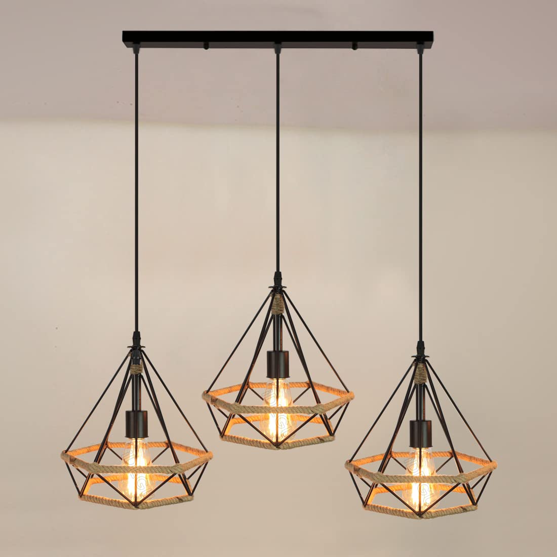 iDEGU 3 Luces Lámpara Colgante Vintage 25CM Lámpara de Techo Industrial de Metal con Cuerda de Cáñamo Retro Diseño Jaula E27 Iluminación de Techo para Comedor Dormitorio Restaurante Salón (50cm Poste)