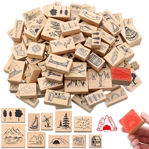 ReliThick 100 Pcs Map Stamps Combo Map Making Stamps Kit Compass Mountains Building Vintage Wooden Rubber Stamp for RPG Adventures Storytelling Creative Projects DIY Crafts Scrapbooking Supplies