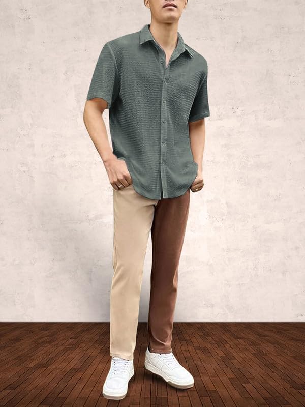 Image of Pinkmint Popcorn Shirt for Men Soild Slim Fit Sleeve Spread Collar Trendy Men Shirt Summer Wear Goa Wear Olive