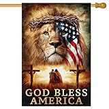 BlissYard God Bless America Lion of Judah House Flag 28 x 40 Inch Double Sided Patriotic Religious Summer Fall Garden Flags Banner for Outdoor Porch Yard Decor Holiday House Flags Seasonal Decorations
