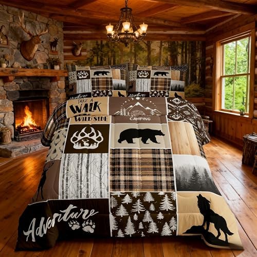 Manfei Rustic Farmhouse Kids Comforter Set Twin Size,Deer Antlers Bear Paws Plaids Patchwork Bedding for Boys Girls Adults Room Decor,Pine Trees Xmas Down Comforter,Brown Duvet Insert,1 Pillowcase - 2