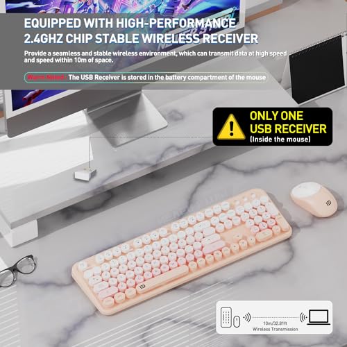 Image of Wireless Keyboards Mouse Combos, Colorful Cute Typewriter Full-Size Retro Round Keycaps, 2.4GHz Cordless Sleep Mode Office Quiet Wireless Keyboard and Mouse Set for Desktop Laptop PC Computer