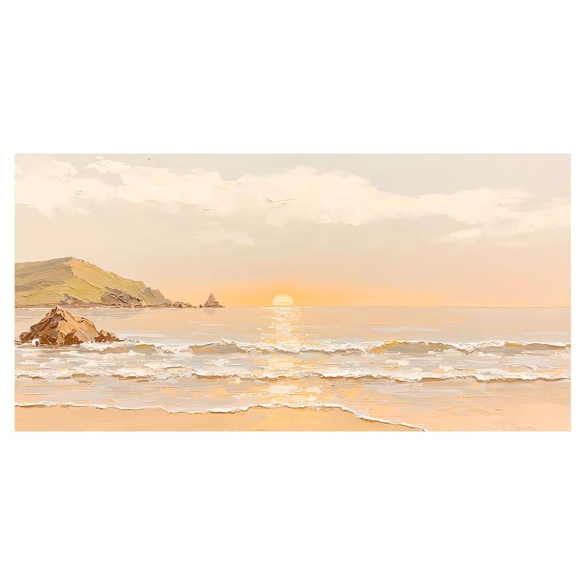 LCDIUDIU Hand Painted Coastal Canvas Wall Art Cream Thick Textured Beach Sunset Landscape Oil Painting On Canvas Unframed Modern Artwork Wall Decor for Living Room Bedroom 150X300Cm(60X120Inch)