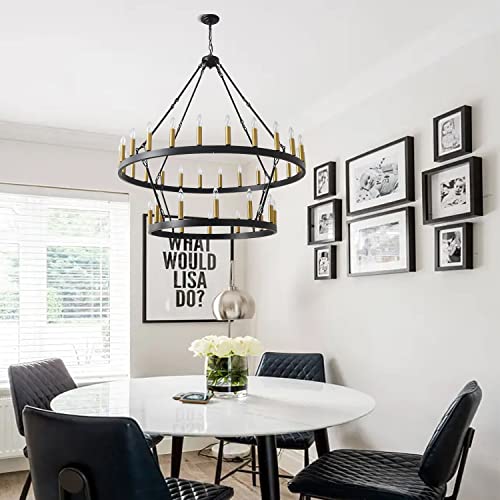 48 Inch Large Black Wagon Wheel Chandelier,2 Tier 36-Light Rustic Round Hanging Light Fixture,Chandeliers For High Ceilings,Farmhouse Chandeliers For Dining Room Kitchen Island Foyer Entryway #TOP5