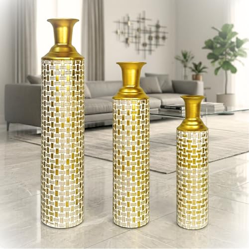 Leewadee Set de 3 Grands vases de Sol - Vases décoratifs Hauts en Metal Doré (65/53/41 cm) - Élégante décoration pour des intérieurs stylés