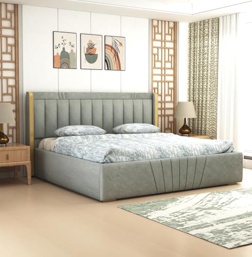 Image of Premium King Size Upholstered Bed with Storage | Solid Wood Platform Bed with Premium Cushion Headboard for Modern Bedrooms | Durable Frame, Easy Maintenance & Stylish Design | Grey