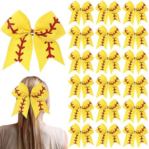 Suncalla 20 Pcs Softball Team Gifts Bulk 7.8 Inch Softball Hair Bows Party Favors Ponytail Holders Glitter Leather Cheer Ribbon Bow Hair Ties Bands Holder for Teams Sports Cheerleaders Women