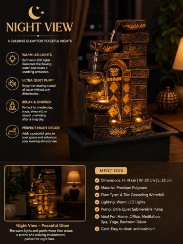 Image of CHRONIKLE Polyresin Designer Table Top Indoor Home Decor 4 Steps Waterfall Fountain with Yellow LED Lights & Water Flow Controller Pump (Size: 40 x 29.5 x 22CM | Weight: 2185grm | Color: Golden Brown)