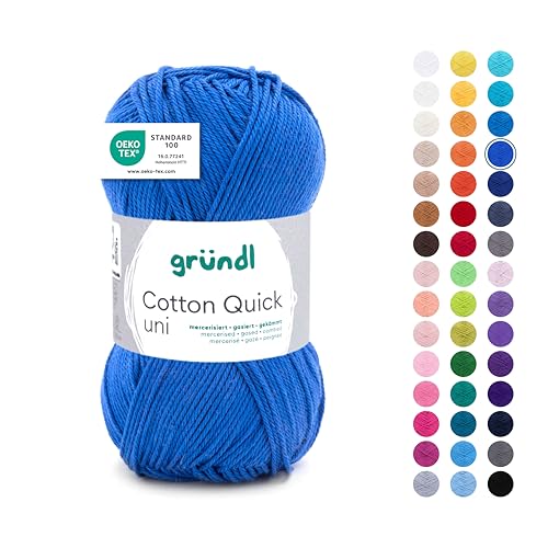 Gründl Wolle Cotton Quick uni - dünne Wolle zum Häkeln - Strickgarn - Häkelgarn - Glänzend und hautfreundlich - 100 % Baumwolle - 1 Knäuel 50 g / 125 m - Nadelstärke 3 - 4 - Royalblau