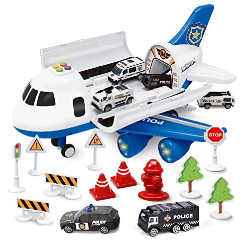 FUN LITTLE TOYS Airplane Toys with 6 Police Die-cast Toy Cars and Accessories, Police Airplane Play Vehicle Set for Kids Gifts, Toys for 3,4,5 Year Old Boys