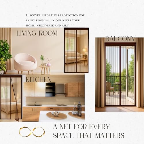 Image of Livique Mosquito Net for Doors with Magnet - Self-Closing - for All Door Types 7 feet - Includes Self-Adhesive Tape, Pins & Instruction - Protects Against Bugs and Flies - Polyester (Brown, 200x90cm)