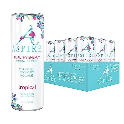 Aspire Healthy Energy Drink with Natural Caffeine - No Calories, Sugar and Carbs | Vitamins B, C, & Biotin | No Preservatives, Gluten Free | Suitable for Vegan, Kosher, Keto-Friendly |12 oz can, Tropical - 12 Fl Oz (Pack of 12)