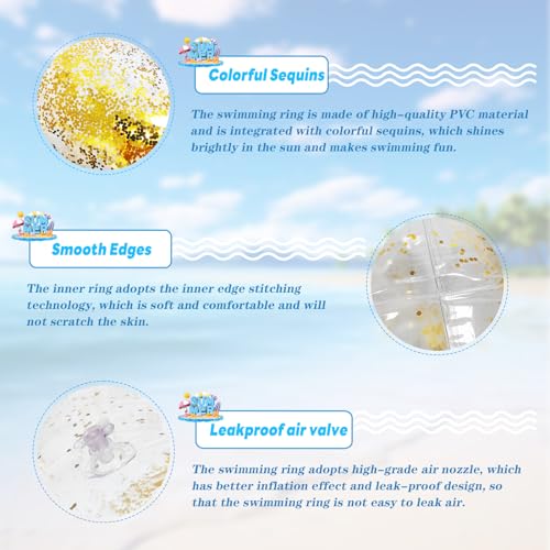 Aufblasbarer Schwimmring Hillylolly Schwimmreifen groß, Schwimmring Glitzer Schwimmring, Schwimmring Erwachsene und Kinder Glitzer Wasserspielzeug für Pool und Strand Party-90cm (Transparentes Gold)